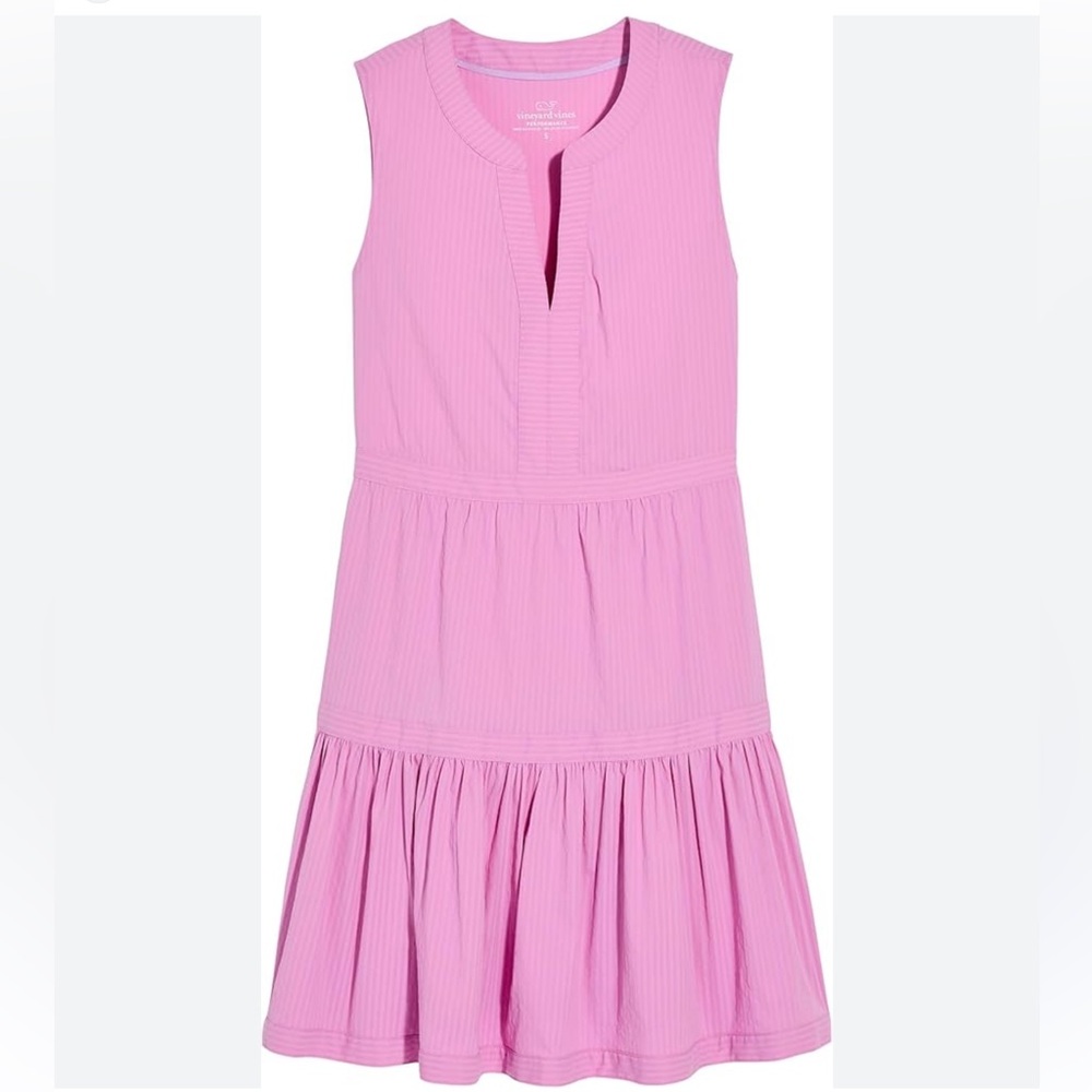 Vineyard Vines Harbor Tiered Dress Pink Performance seersucker fabric sz large